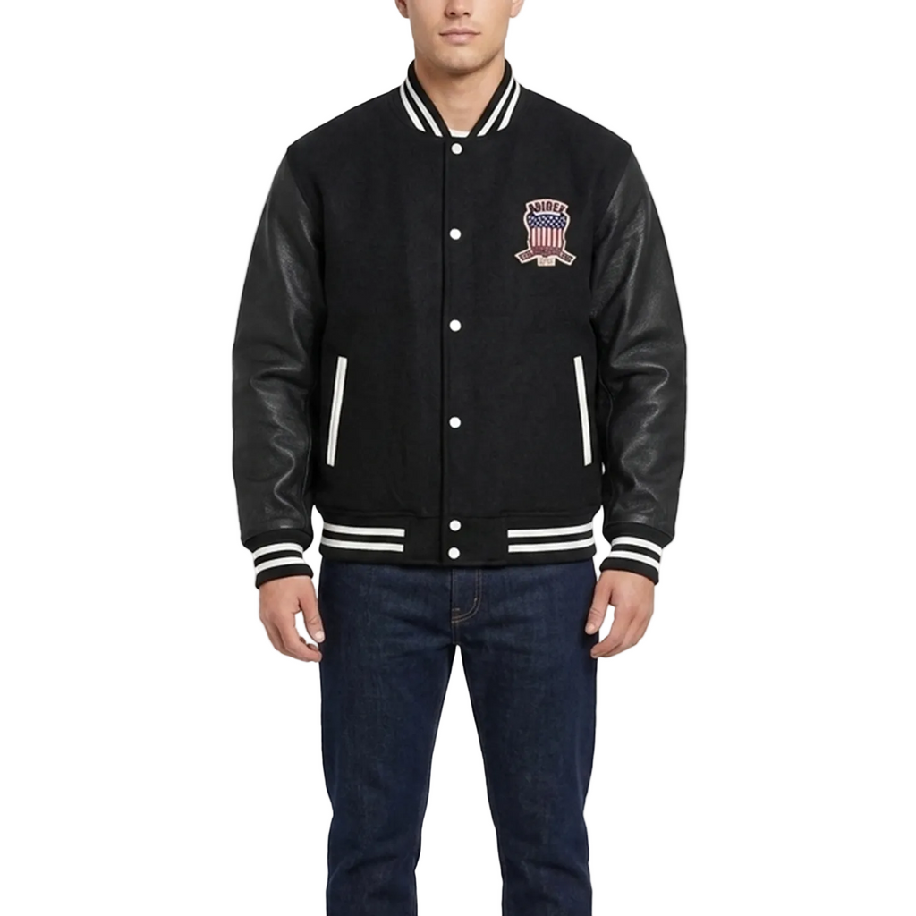 Black varsity jacket with leather sleeves and a logo on a white background