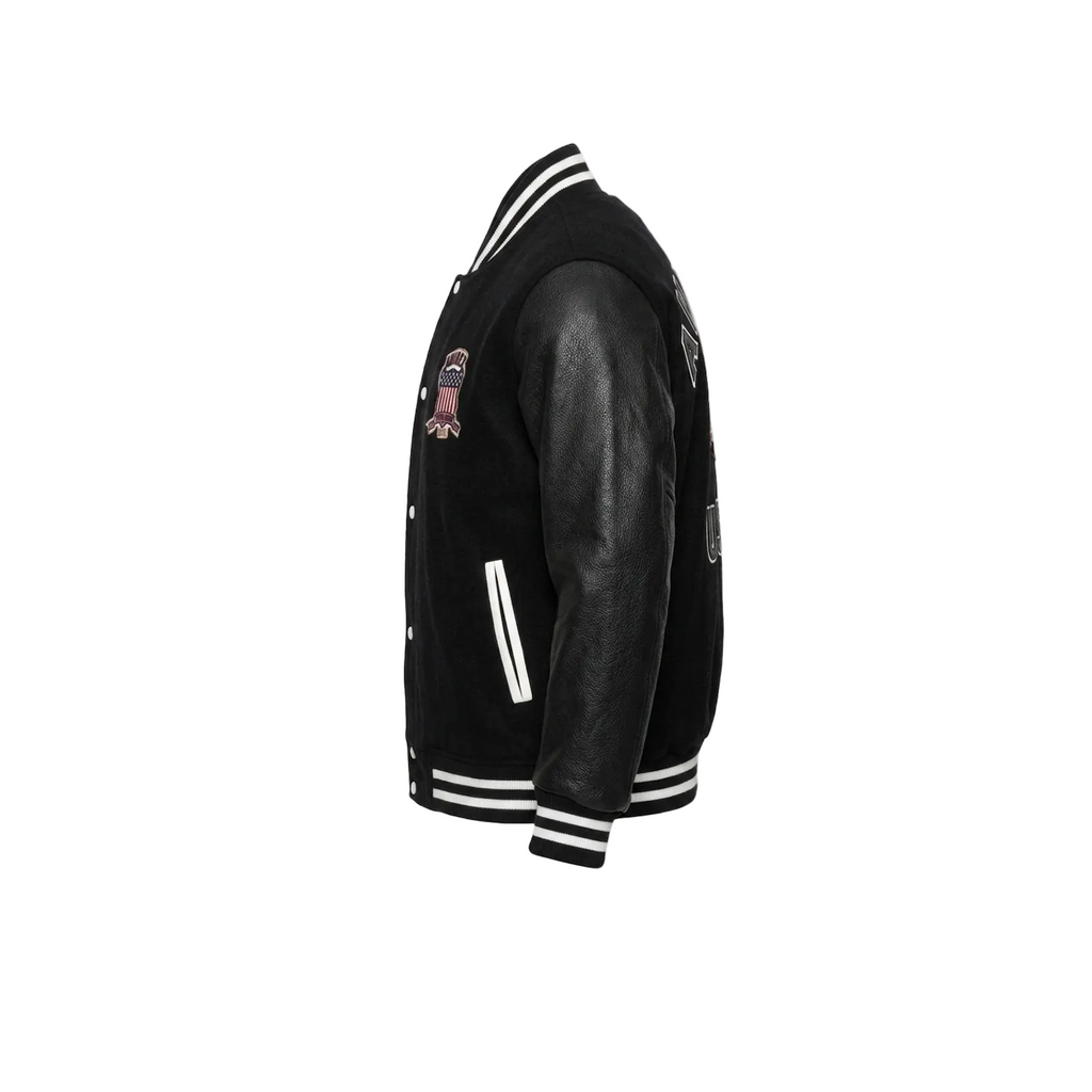 Black leather varsity jacket with white accents on a white background