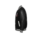 Black leather varsity jacket with white accents on a white background