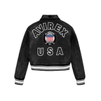 Black leather jacket with 'Avirex USA' branding on a white background