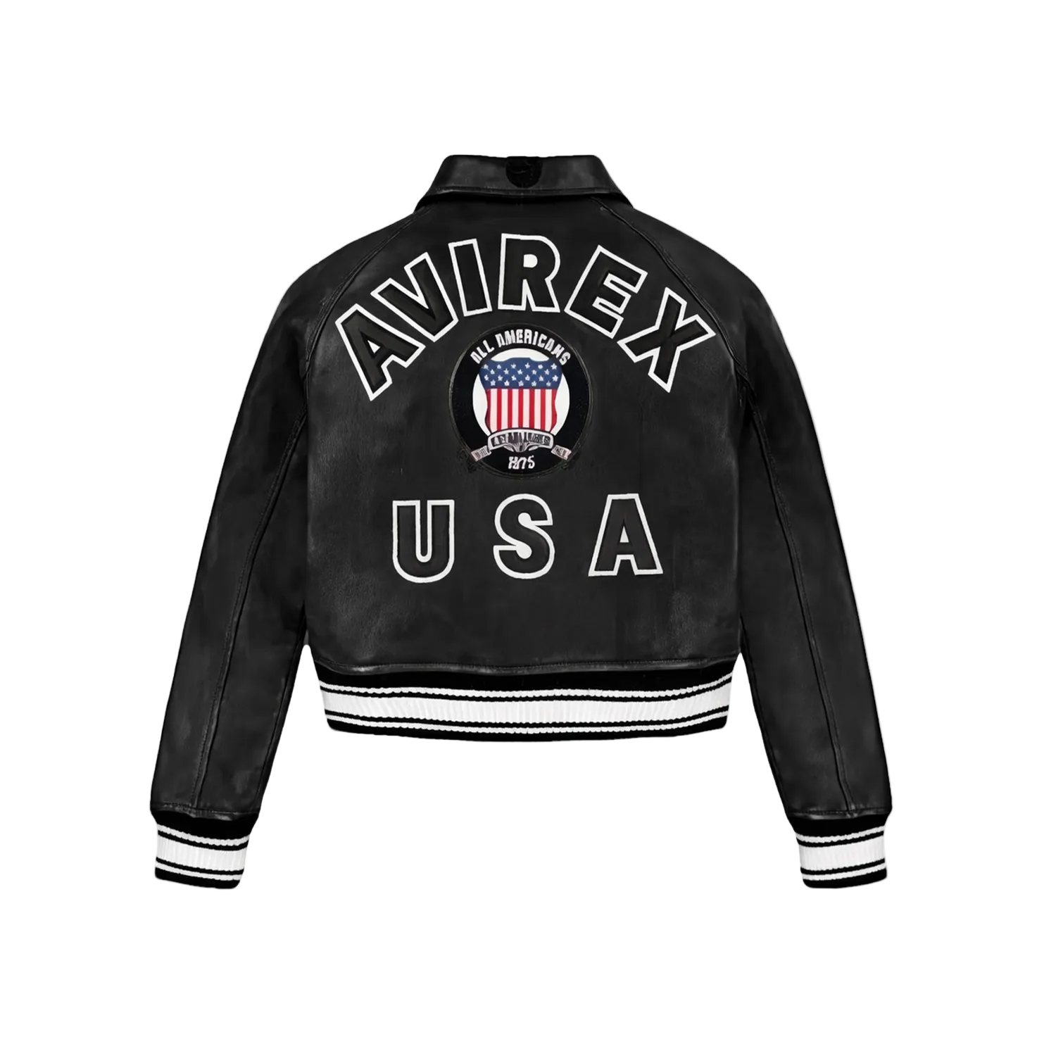 Black leather jacket with 'Avirex USA' branding on a white background