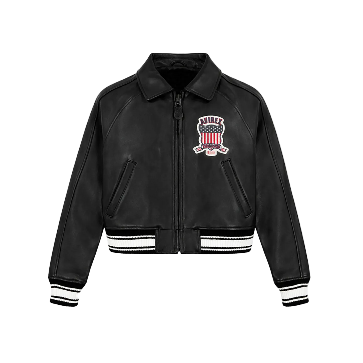 Black leather jacket with a logo on a white background