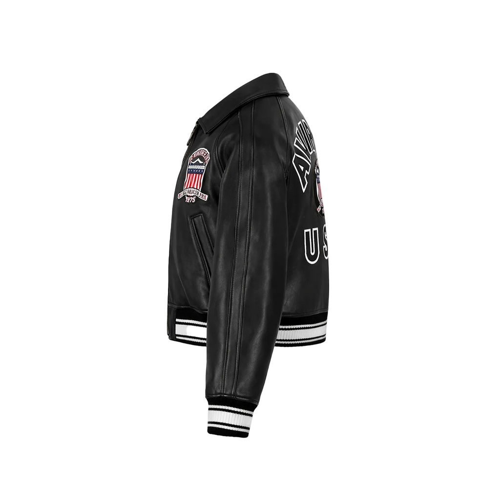 Black leather jacket with patches on a white background