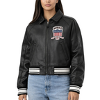 Black leather jacket with a brand logo on a white background