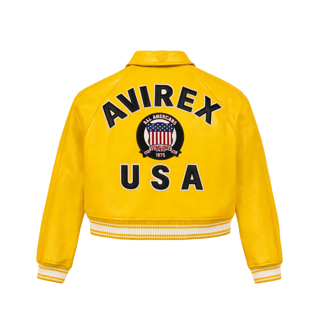 Yellow jacket with 'Avirex USA' text on a white background