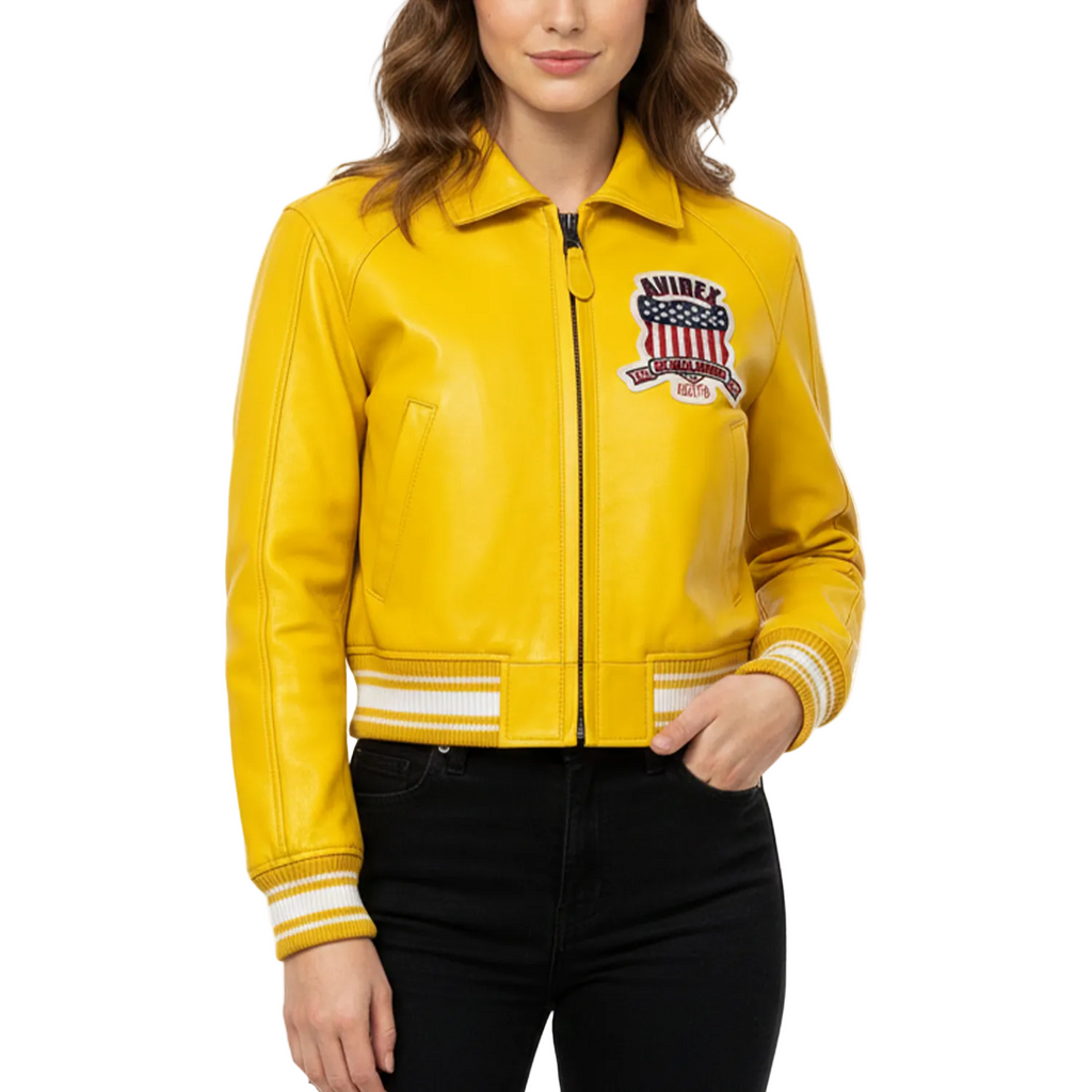 Yellow leather jacket with a logo on a white background