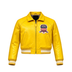 Yellow leather jacket with a brand logo on a white background