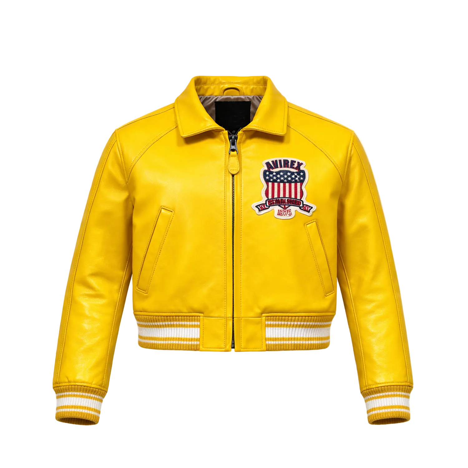 Yellow leather jacket with a brand logo on a white background