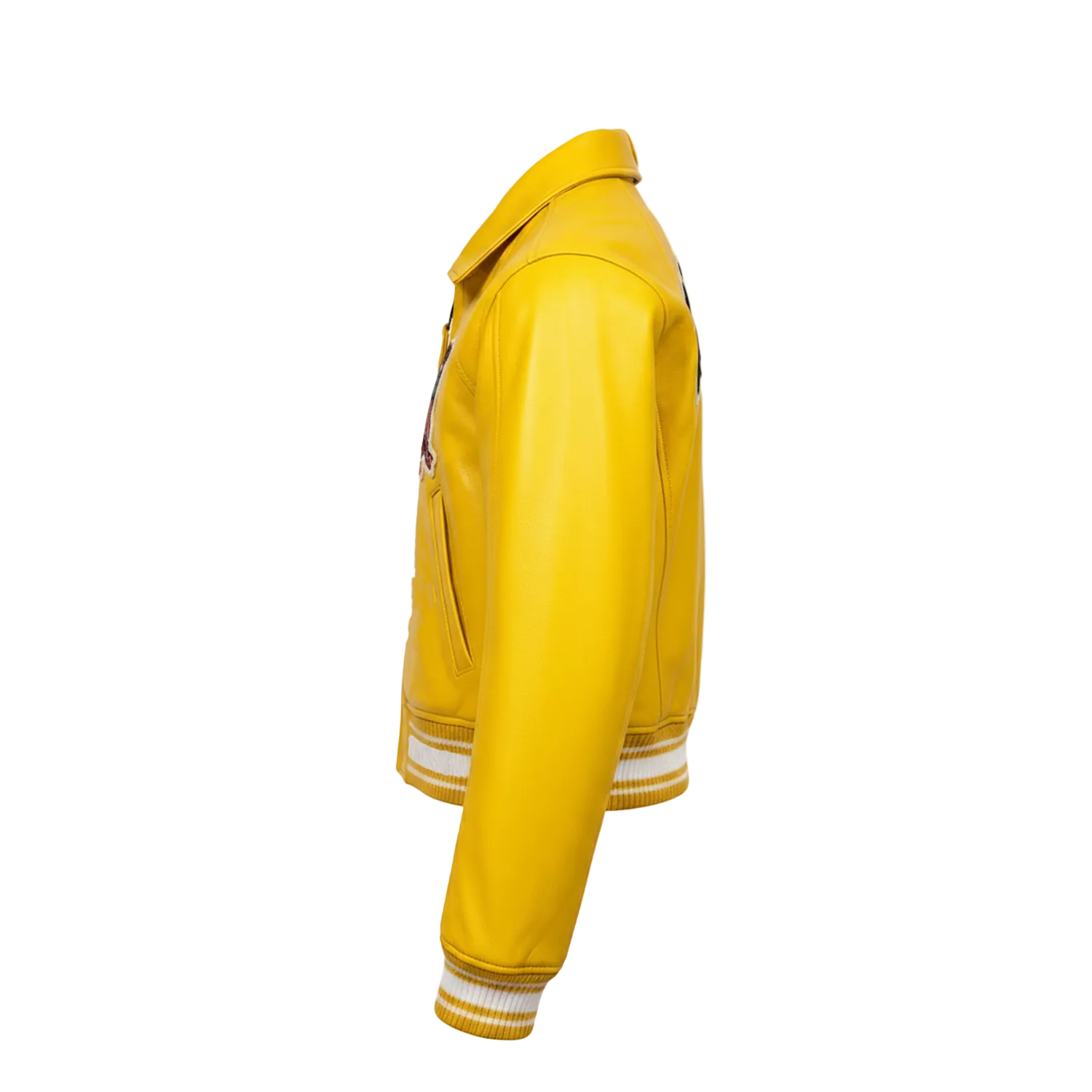 Yellow varsity jacket with white stripes on a white background