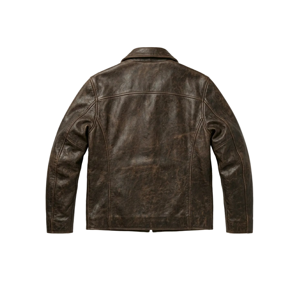 Brown leather jacket on a white background with a brand logo.