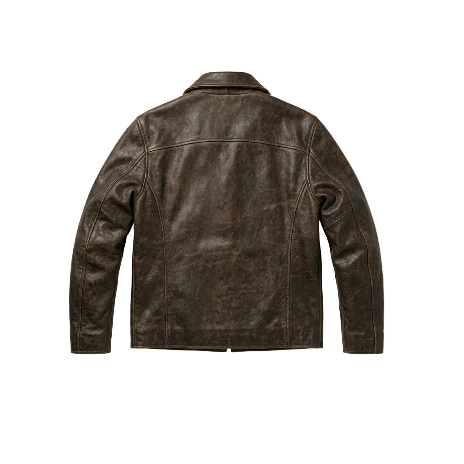 Brown leather jacket on a white background with a brand logo.