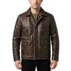 Brown leather jacket worn by a person on a white background with a brand logo.