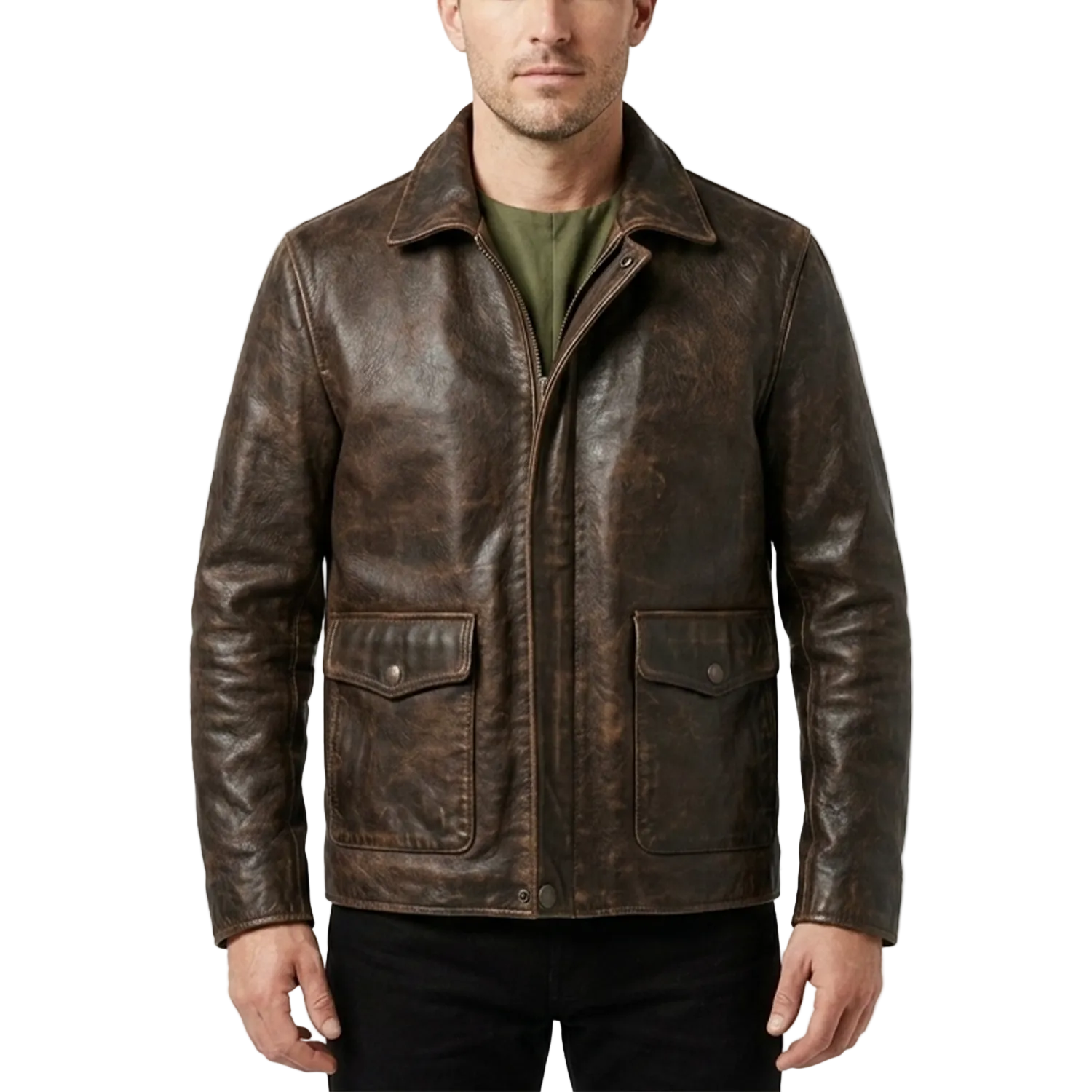 Brown leather jacket worn by a person on a white background with a brand logo.