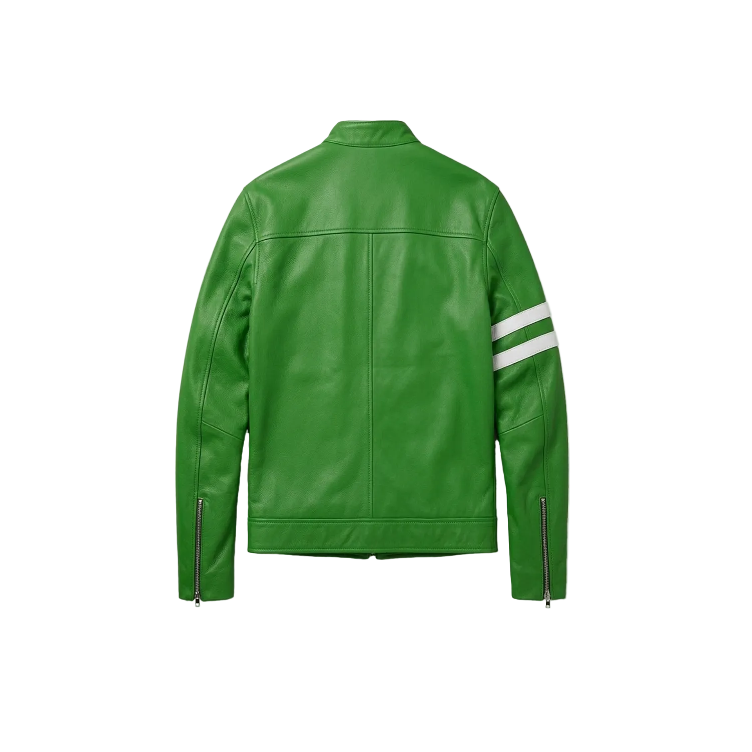 Green leather jacket with white stripes on sleeves on a white background
