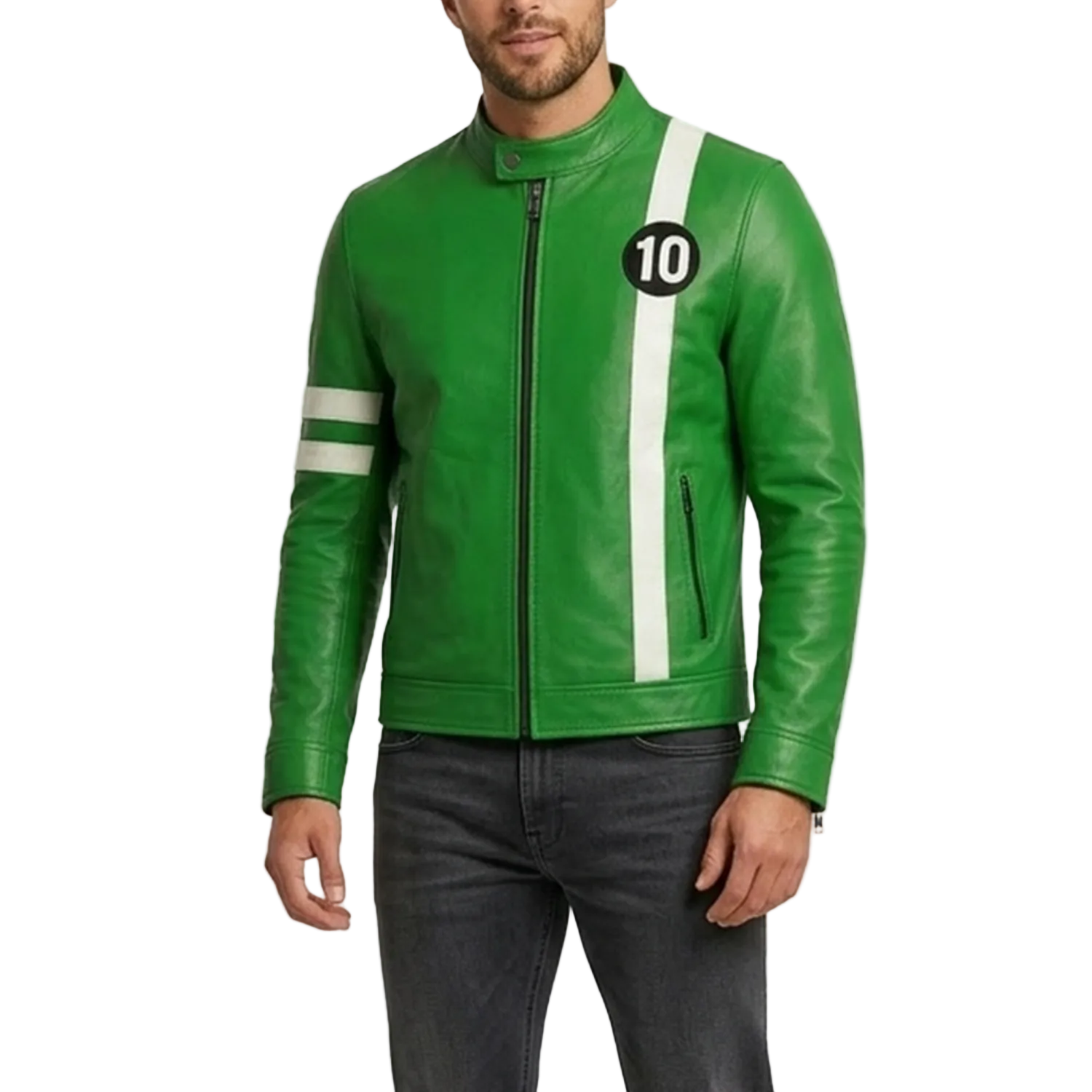 Green leather jacket with white stripes and a number design on a white background