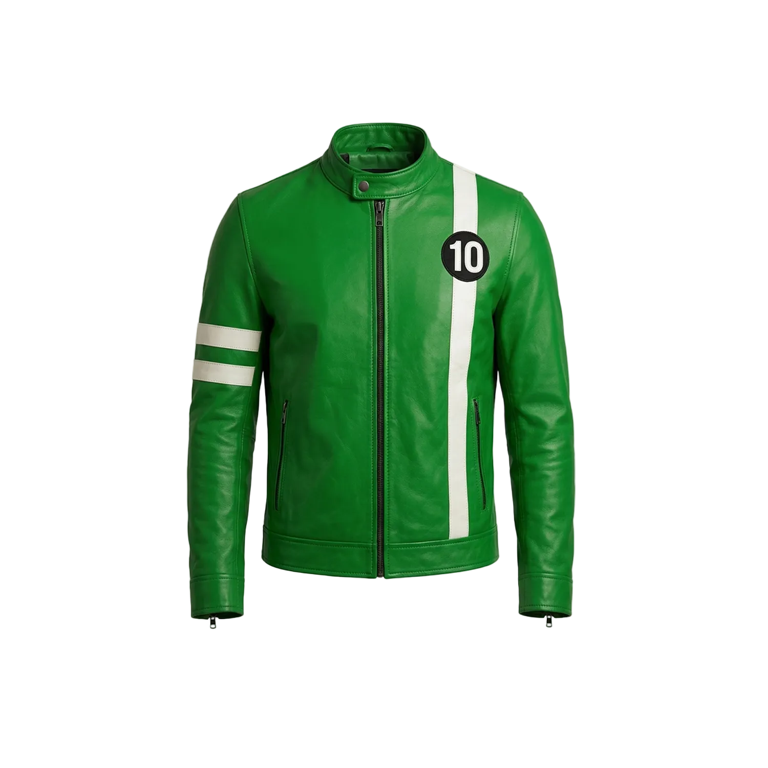 Green leather jacket with white stripes and number 10 on a white background