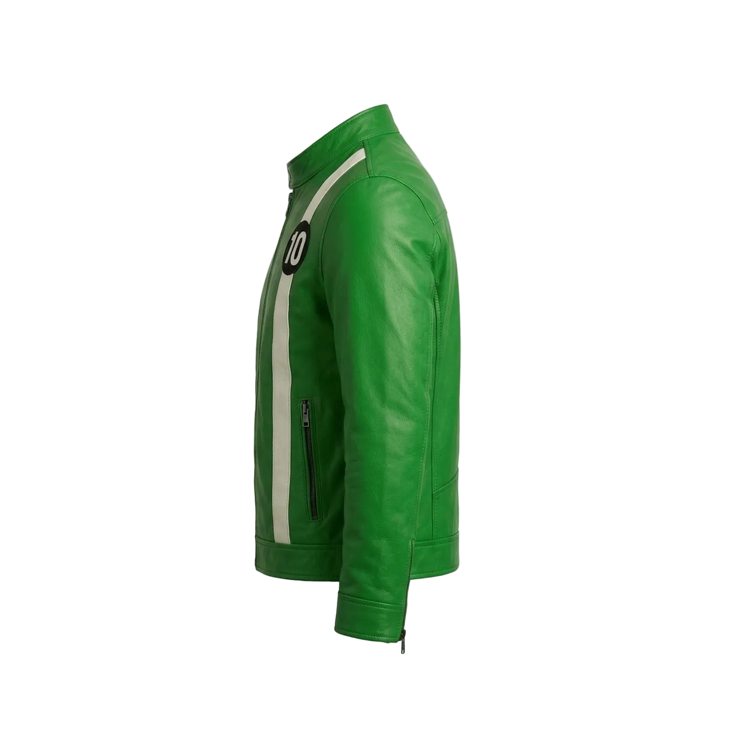 Green leather jacket with a white stripe on a white background