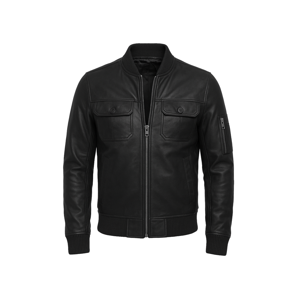 Black leather jacket on a white background