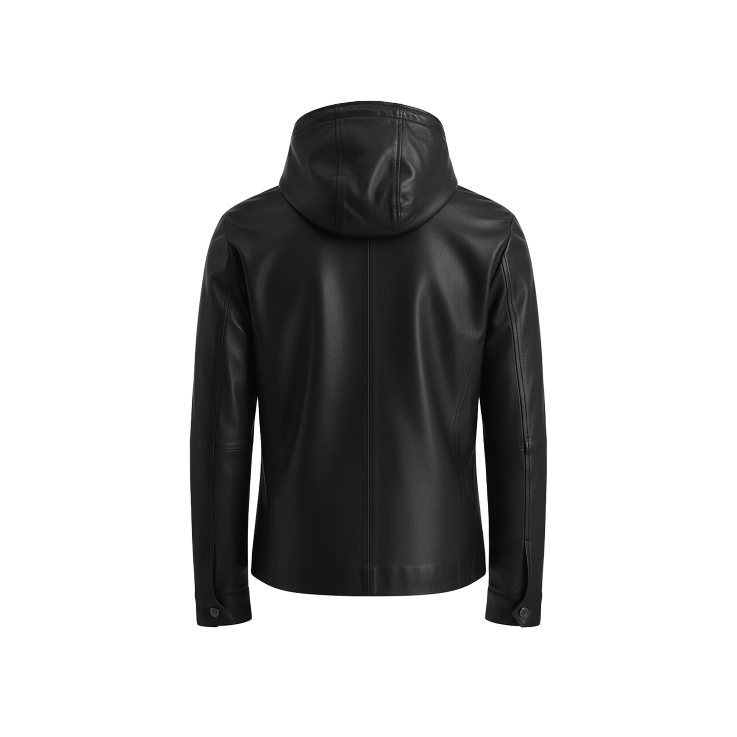Black leather jacket with a hood on a white background