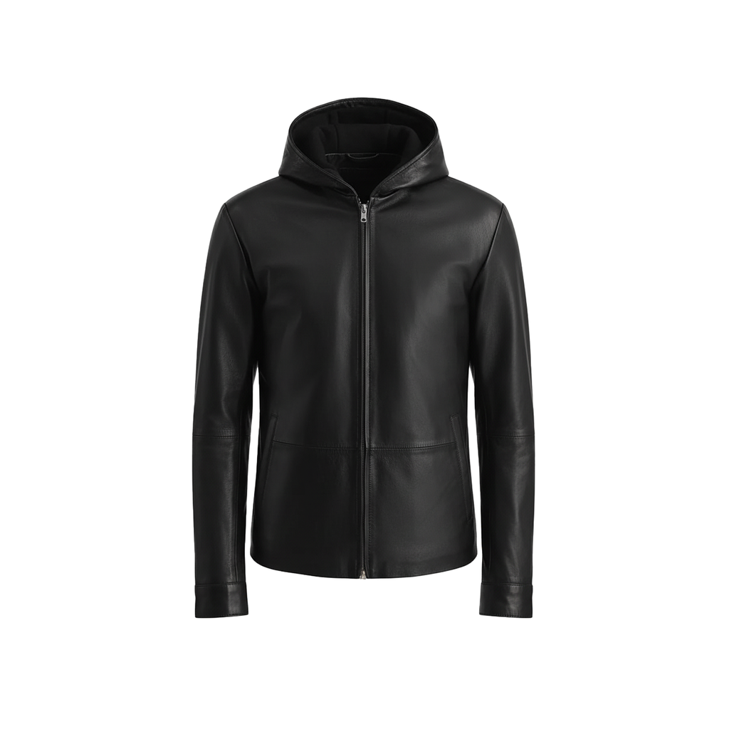 Black leather jacket with a hood on a white background