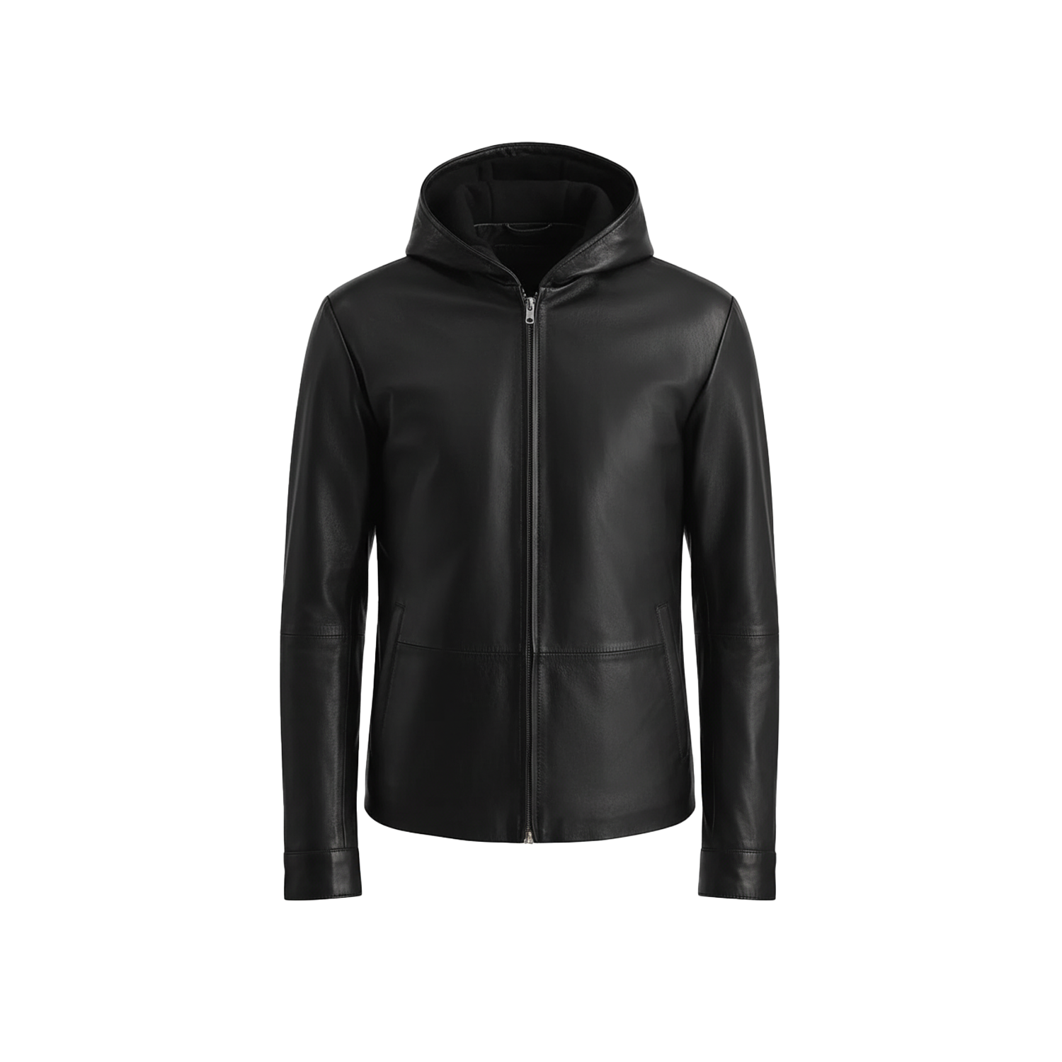 Black leather jacket with a hood on a white background