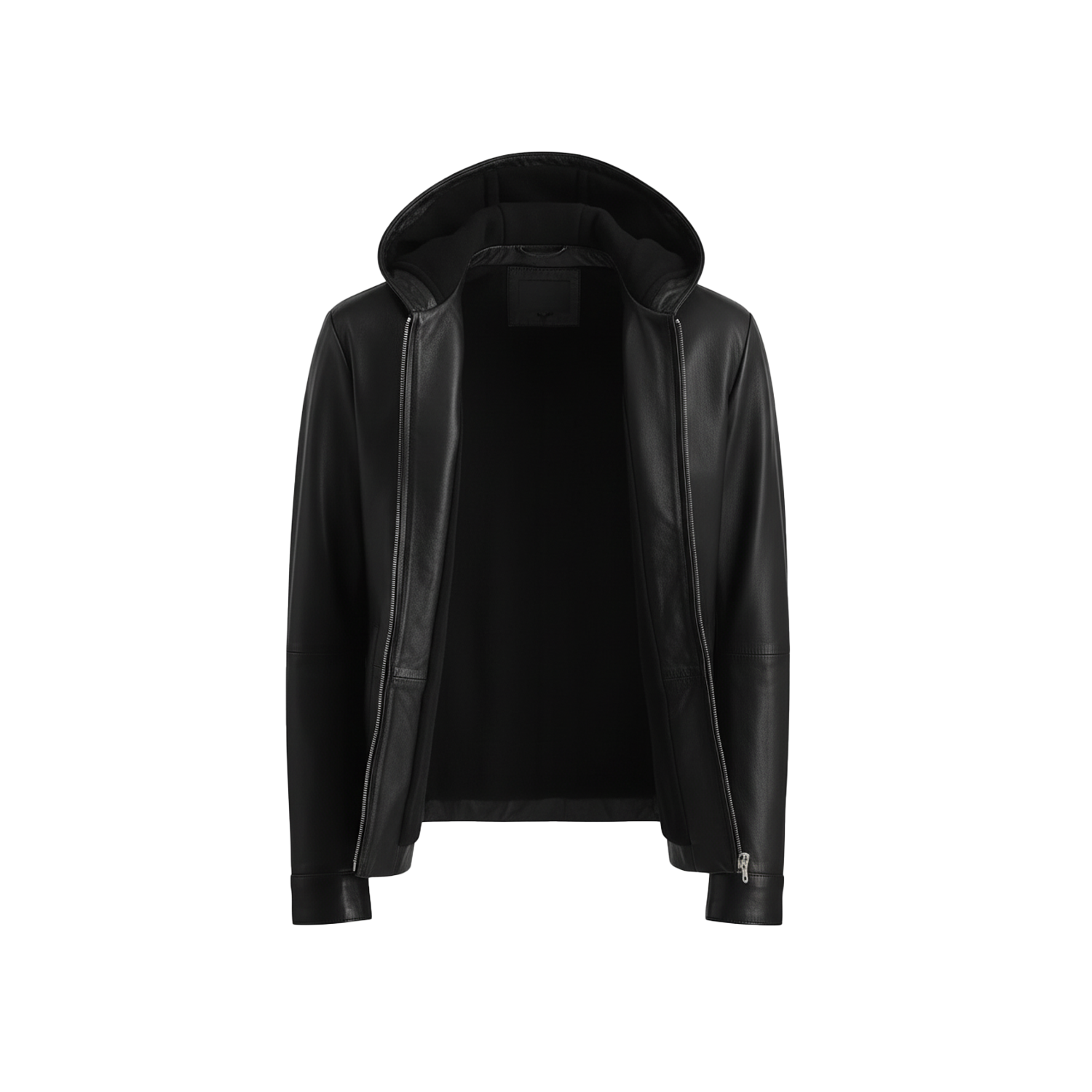 Black leather jacket with a hood on a white background