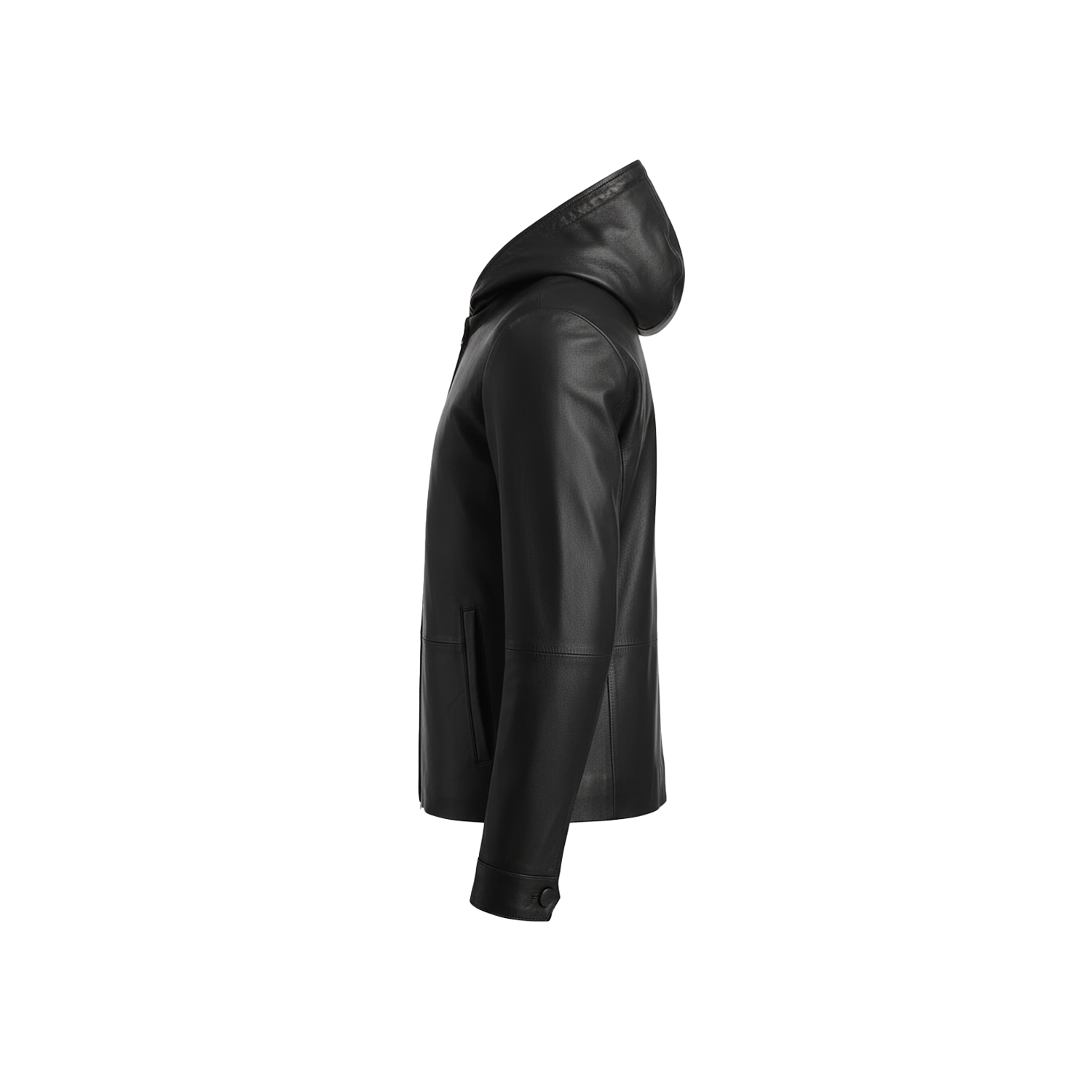 Black leather jacket with a hood on a white background