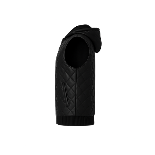 Black quilted vest with hood on a white background