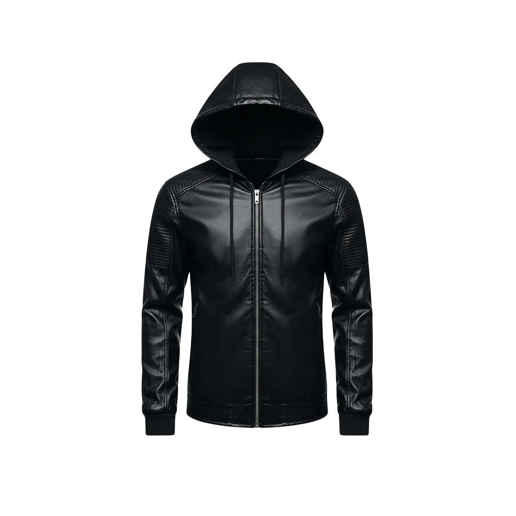 Black leather hoodie on a white background