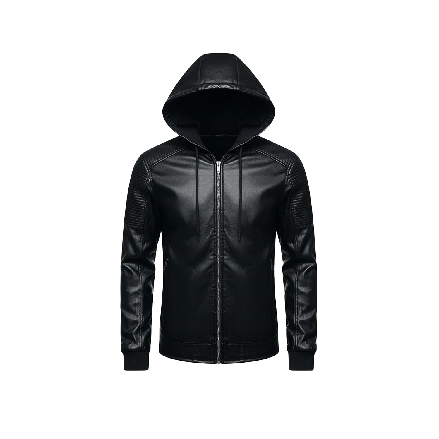 Black leather hoodie on a white background