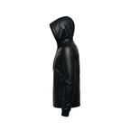 Black leather hoodie with futuristic design on a white background