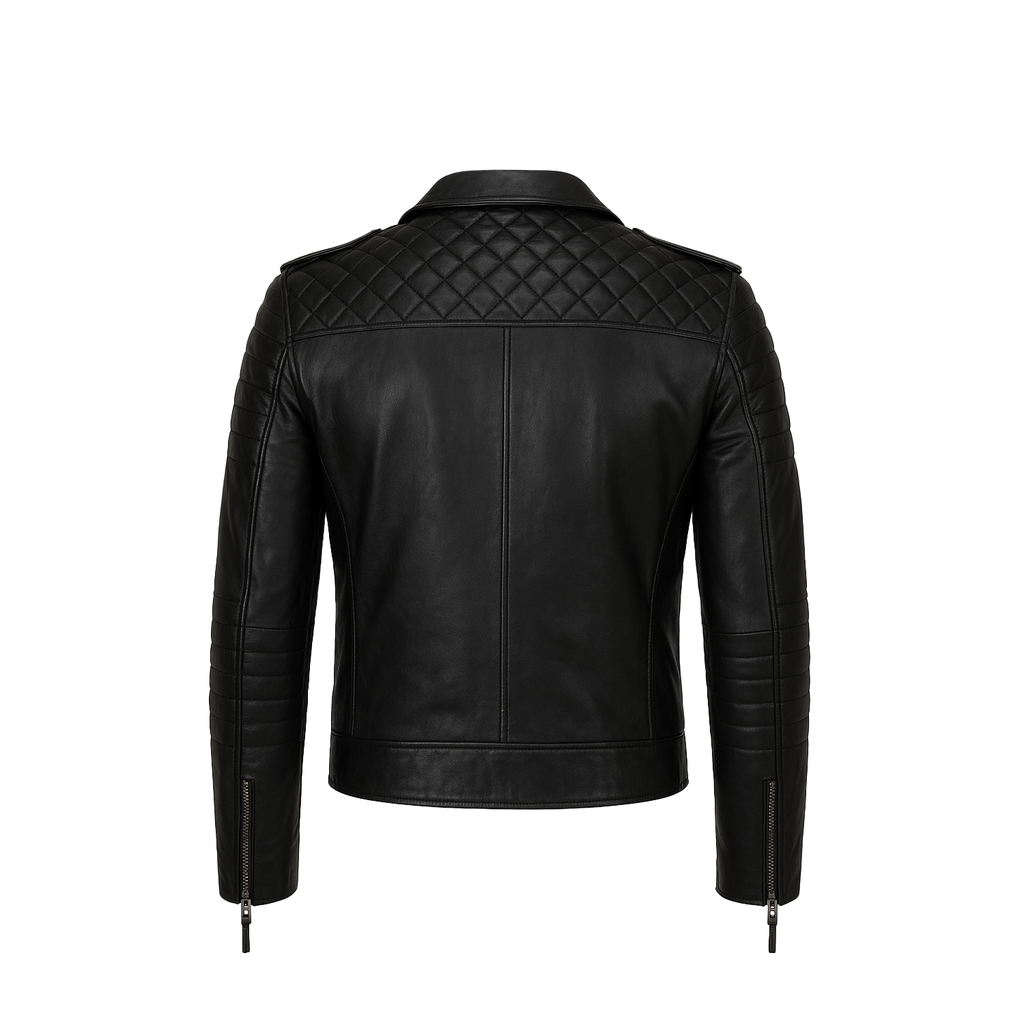 Black leather jacket with quilted design on the back against a white background