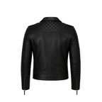 Black leather jacket with quilted design on the back against a white background