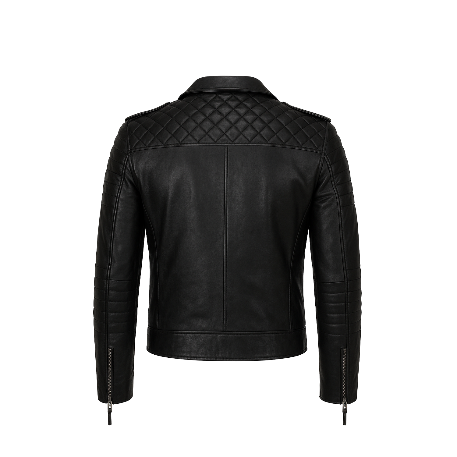 Black leather jacket with quilted design on the back against a white background