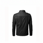 Black leather jacket with quilted design on a white background