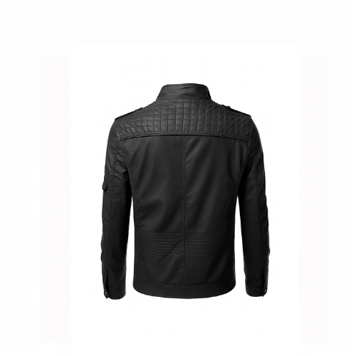 Black leather jacket with quilted design on a white background