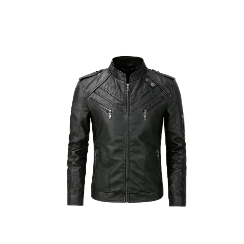 Black leather jacket on a white background