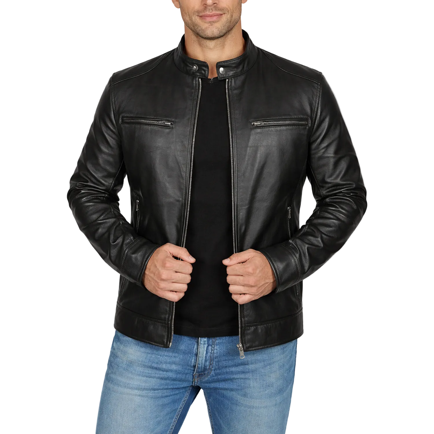 Man wearing a black leather jacket and blue jeans on a white background