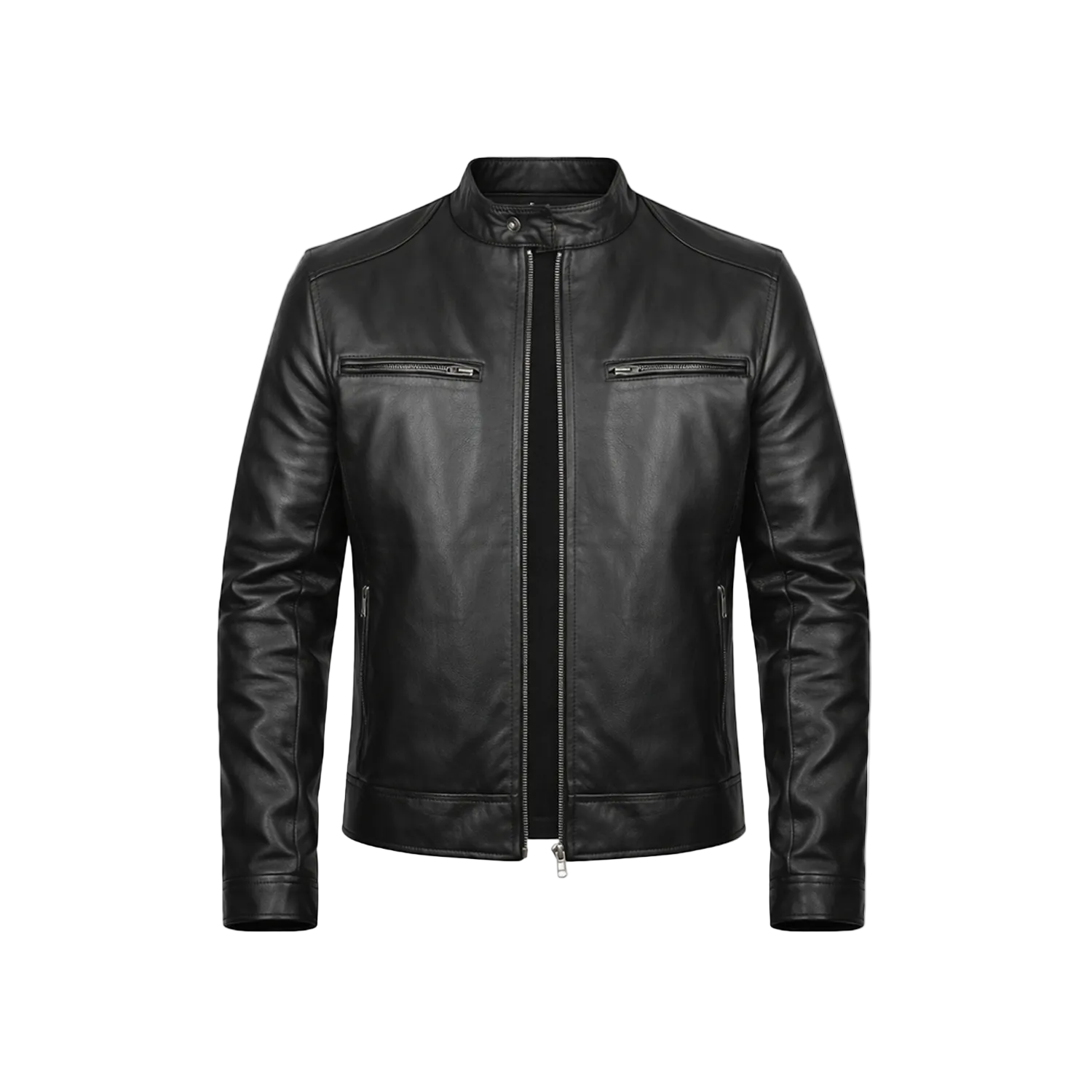 Black leather jacket on a white background with a brand logo.