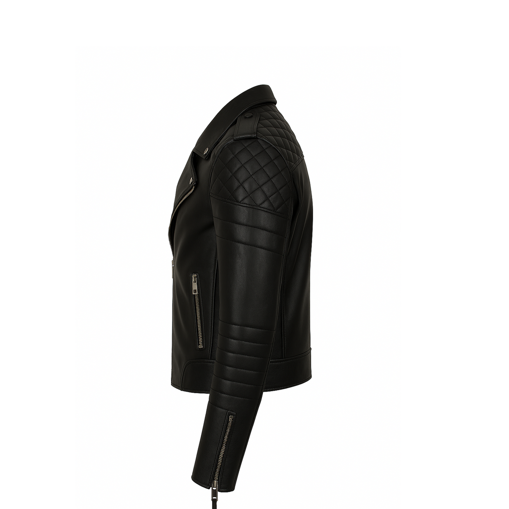 Black leather jacket with quilted design on a white background