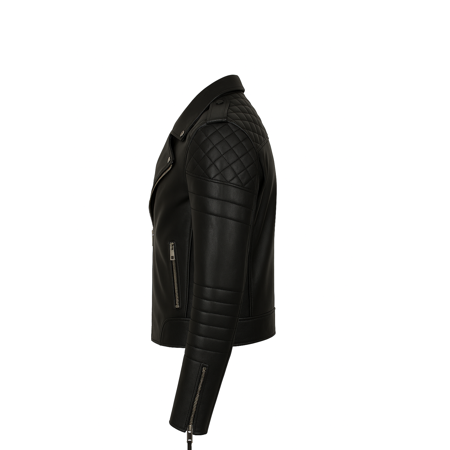 Black leather jacket with quilted design on a white background