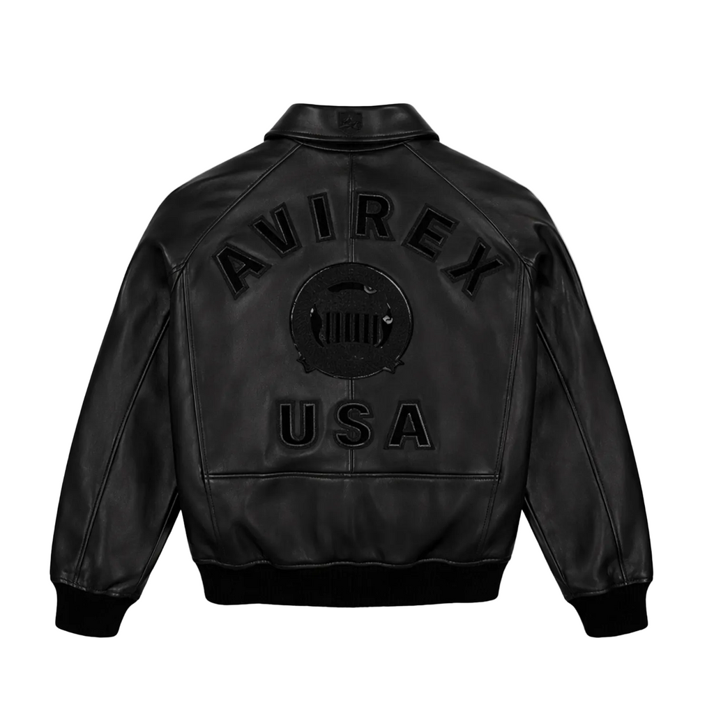 Black leather jacket with 'Avirex USA' branding on a white background