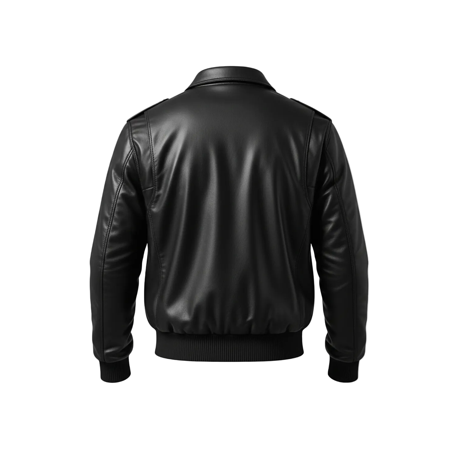 Black leather jacket on a white background with a brand logo.