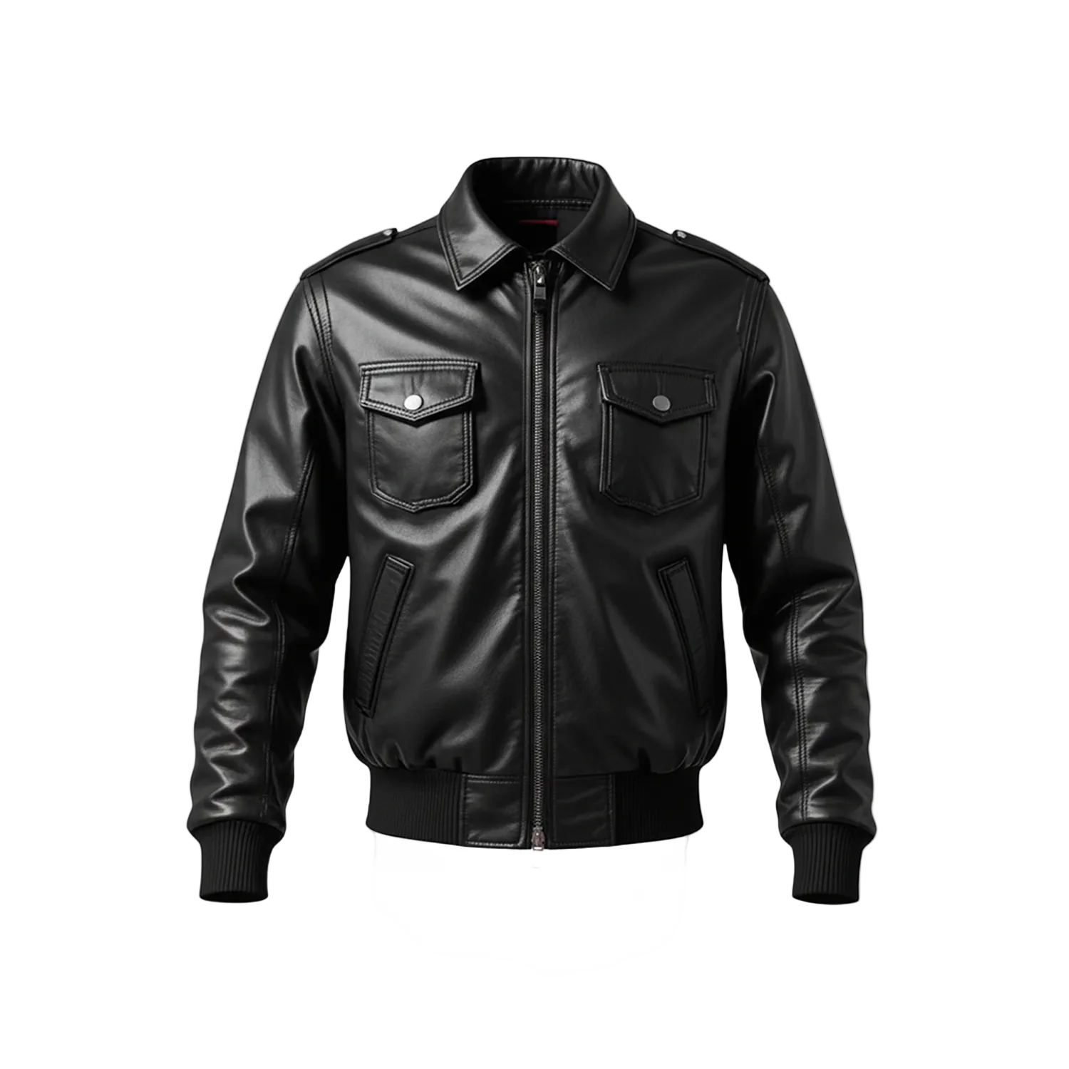 Black leather jacket on a white background with a brand logo.