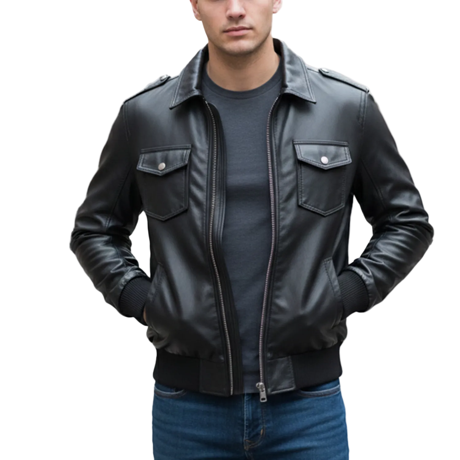 Man wearing a black leather jacket on a white background