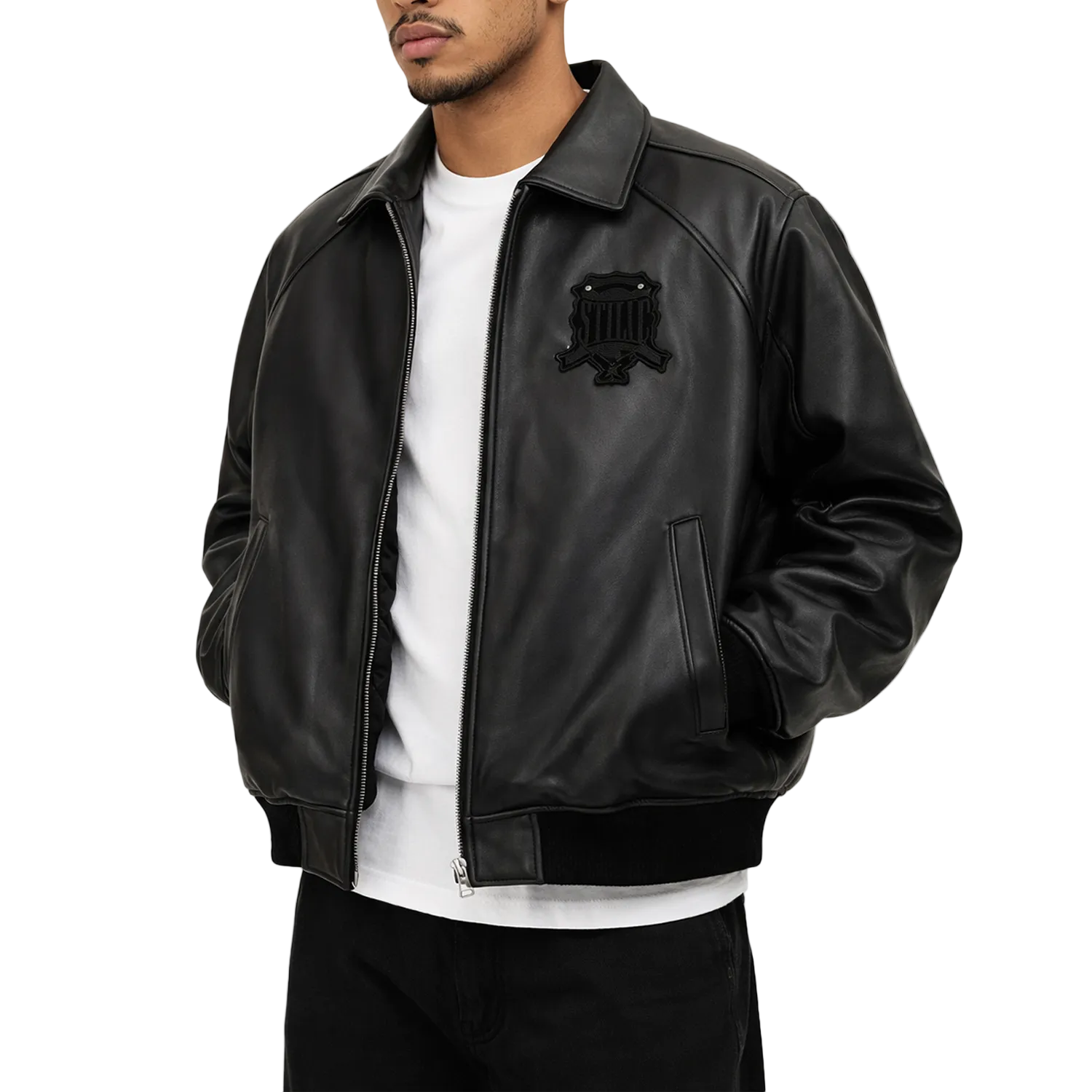 Man wearing a black leather jacket with a logo on a white background
