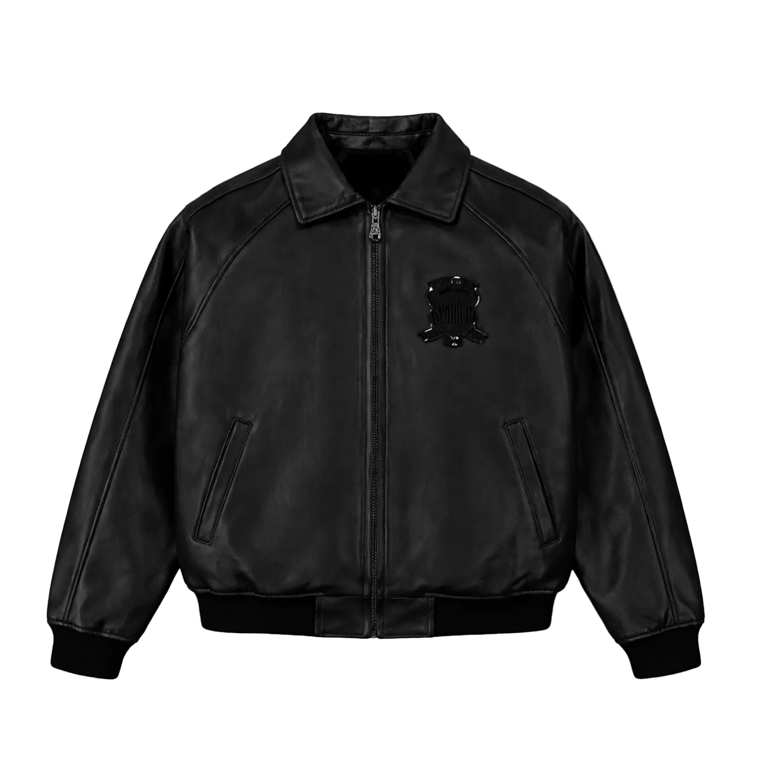 Black leather jacket with a brand logo on a white background