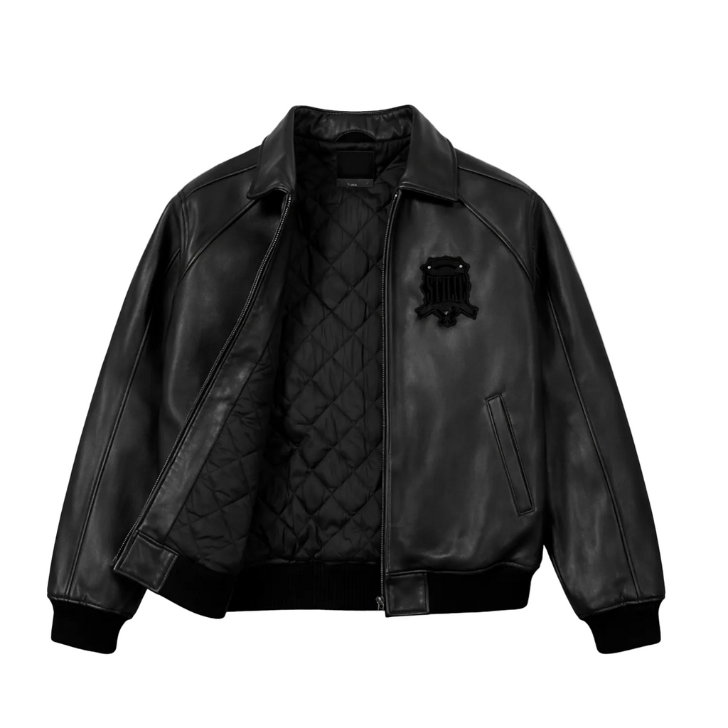 Black leather jacket with quilted interior and brand logo on a white background