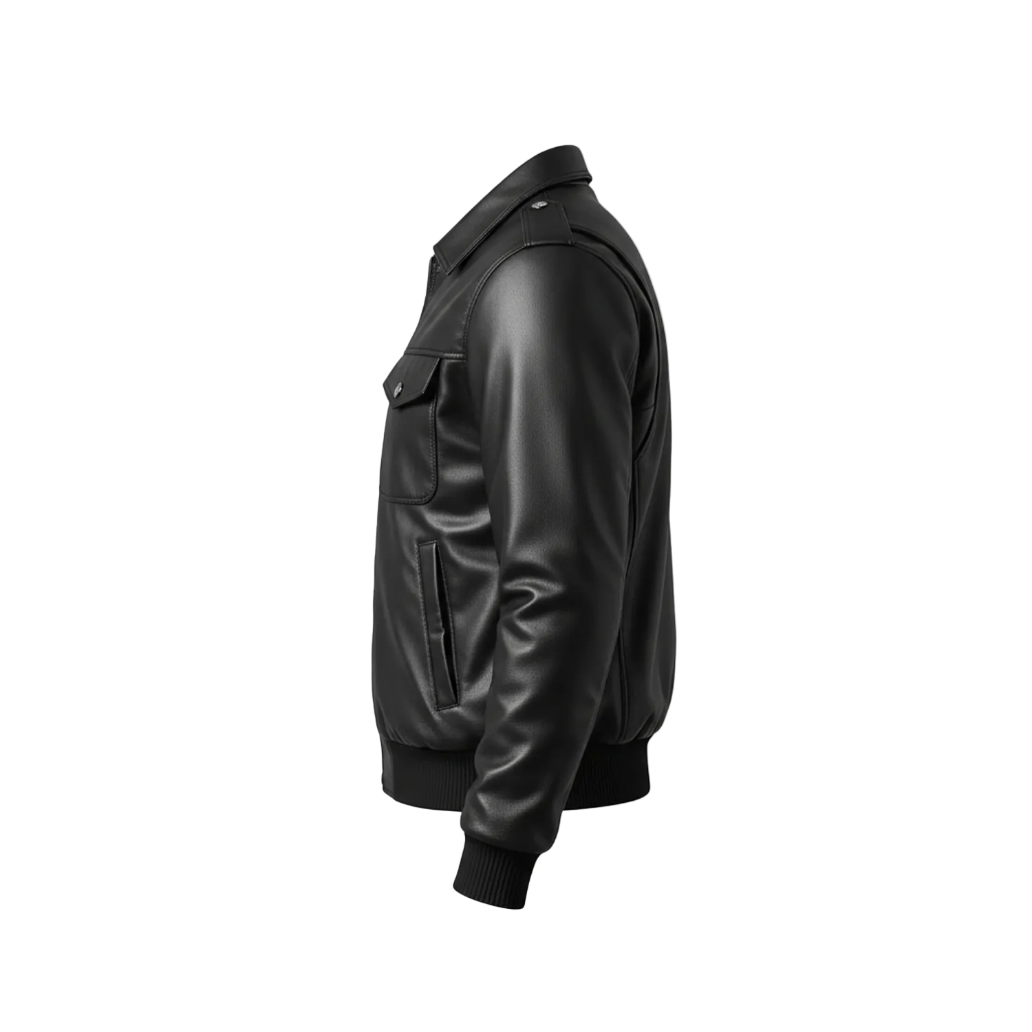 Black leather jacket on a white background with a brand logo.