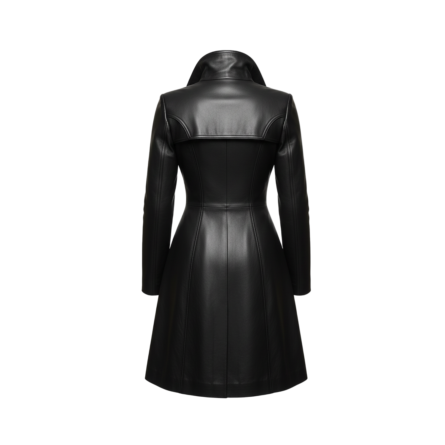 Black leather coat on a white background with brand logo.